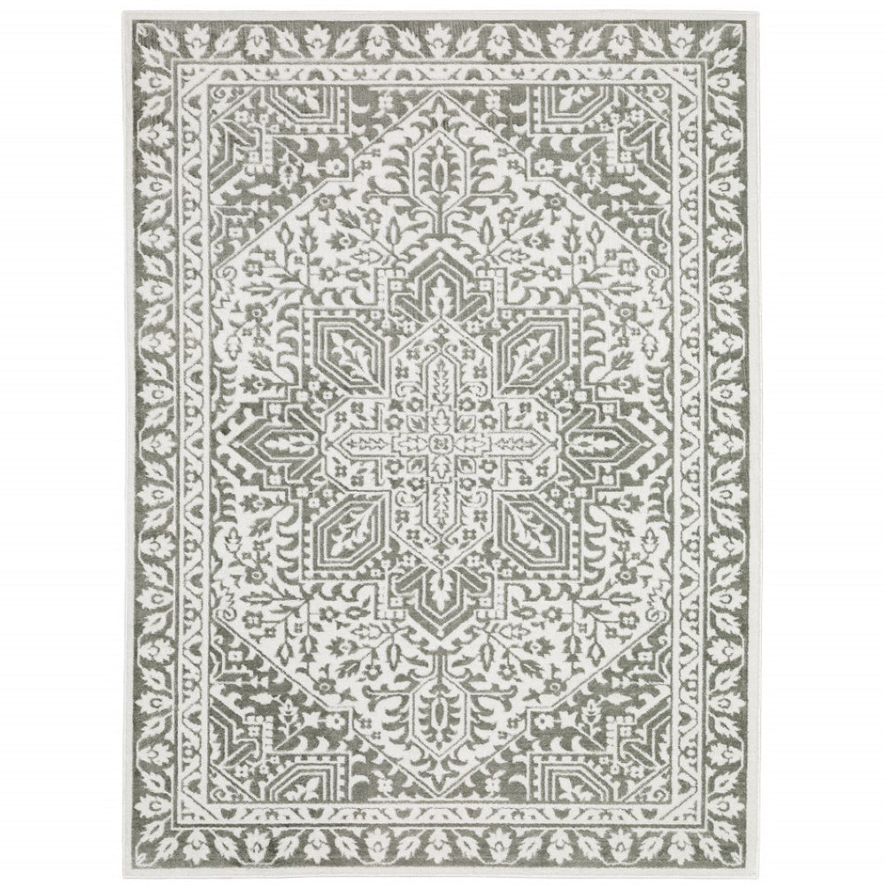 HomeRoots 2' Elegant Grey and White Oriental Power Loom Runner Rug - Stain Resistant, Ideal for Busy Homes 10' X 13' 507967