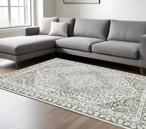 HomeRoots 2' Elegant Grey and White Oriental Power Loom Runner Rug - Stain Resistant, Ideal for Busy Homes 10' X 13' 507967