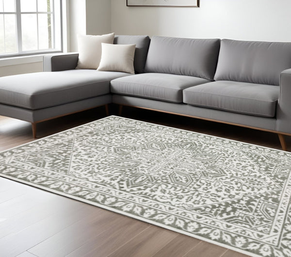 HomeRoots 2' Elegant Grey and White Oriental Power Loom Runner Rug - Stain Resistant, Ideal for Busy Homes 10' X 13' 507967
