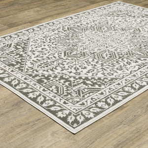 HomeRoots 2' Elegant Grey and White Oriental Power Loom Runner Rug - Stain Resistant, Ideal for Busy Homes 10' X 13' 507967
