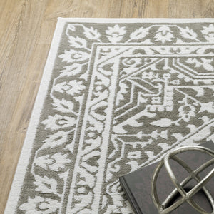 HomeRoots 2' Elegant Grey and White Oriental Power Loom Runner Rug - Stain Resistant, Ideal for Busy Homes 10' X 13' 507967