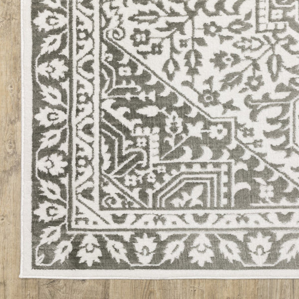 HomeRoots 2' Elegant Grey and White Oriental Power Loom Runner Rug - Stain Resistant, Ideal for Busy Homes 10' X 13' 507967
