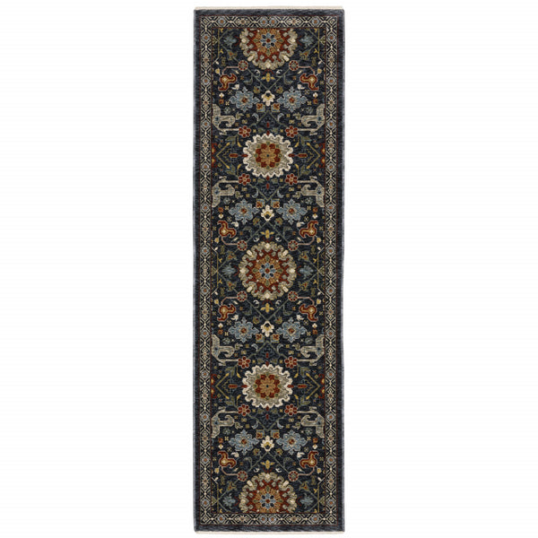 Homeroots 2' X 8' Blue And Ivory Oriental Power Loom Runner Rug With Fringe Blue,Multi Polyester 507968