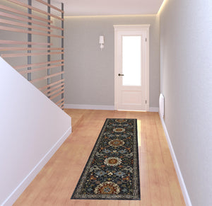 Homeroots 2' X 8' Blue And Ivory Oriental Power Loom Runner Rug With Fringe Blue,Multi Polyester 507968