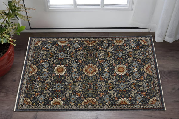 HomeRoots 2' Elegant Blue and Ivory Oriental Power Loom Runner Rug with Fringe for Stylish Hallways and Entryways 3' x 5' 507970