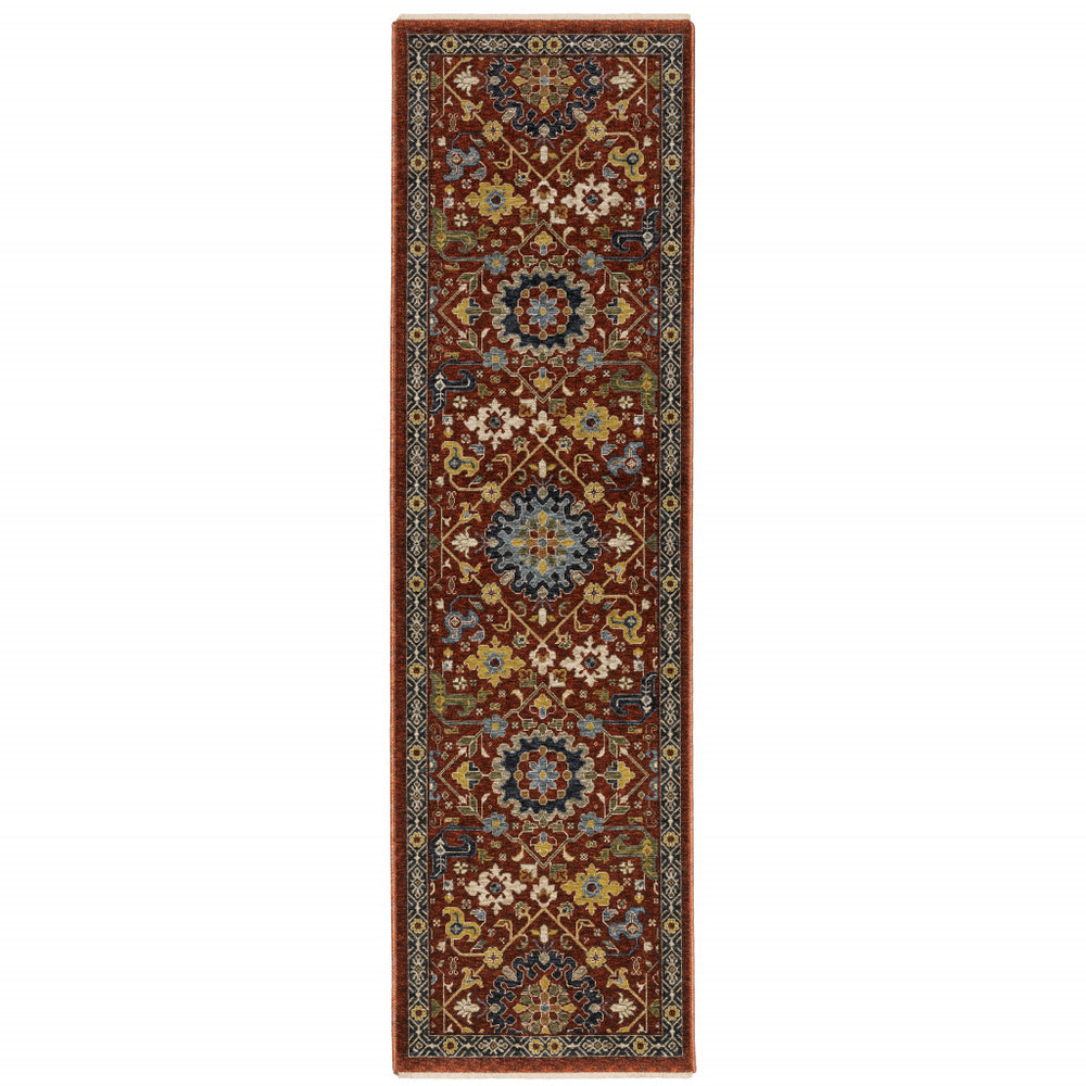 Homeroots 2' X 8' Red Blue Gold And Ivory Oriental Power Loom Stain Resistant Runner Rug With Fringe Red,Multi Polyester 507975