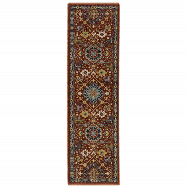 Homeroots 2' X 8' Red Blue Gold And Ivory Oriental Power Loom Stain Resistant Runner Rug With Fringe Red,Multi Polyester 507975