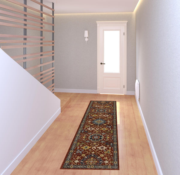 Homeroots 2' X 8' Red Blue Gold And Ivory Oriental Power Loom Stain Resistant Runner Rug With Fringe Red,Multi Polyester 507975