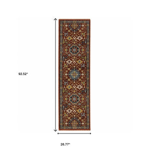 Homeroots 2' X 8' Red Blue Gold And Ivory Oriental Power Loom Stain Resistant Runner Rug With Fringe Red,Multi Polyester 507975
