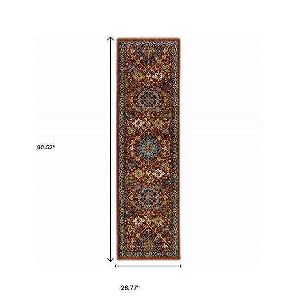 Homeroots 2' X 8' Red Blue Gold And Ivory Oriental Power Loom Stain Resistant Runner Rug With Fringe Red,Multi Polyester 507975