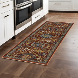 HomeRoots 2' Elegant Blue and Ivory Oriental Power Loom Runner Rug with Fringe for Stylish Hallways and Entryways Red/ Multi 2'3" x 7'6" 507975
