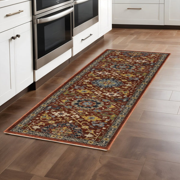 HomeRoots 2' Elegant Blue and Ivory Oriental Power Loom Runner Rug with Fringe for Stylish Hallways and Entryways Red/ Multi 2'3" x 7'6" 507975