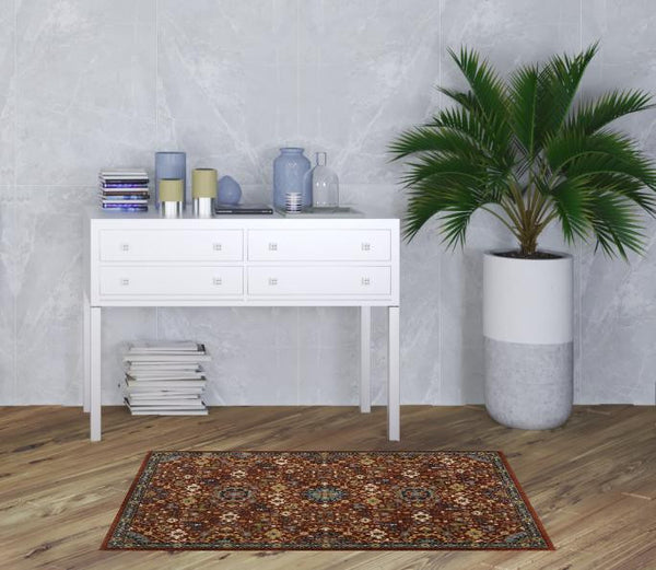 Homeroots 3' X 5' Red Blue Gold And Ivory Oriental Power Loom Stain Resistant Area Rug With Fringe Red,Multi Polyester 507977