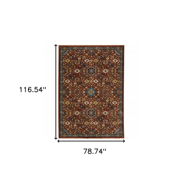 Homeroots 7' X 10' Blue And Red Oriental Power Loom Area Rug With Fringe Red,Multi Polyester 507979