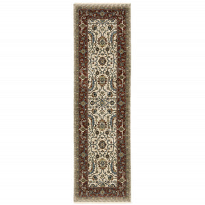 HomeRoots 2' Elegant Ivory Red Green Grey Blue and Navy Oriental Power Loom Runner Rug for Hallways 2'3" x 7'6" 507982