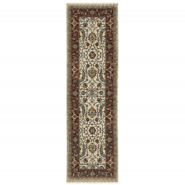 HomeRoots 2' Elegant Ivory Red Green Grey Blue and Navy Oriental Power Loom Runner Rug for Hallways 2'3" x 7'6" 507982