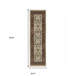 HomeRoots 2' Elegant Ivory Red Green Grey Blue and Navy Oriental Power Loom Runner Rug for Hallways 2'3" x 7'6" 507982