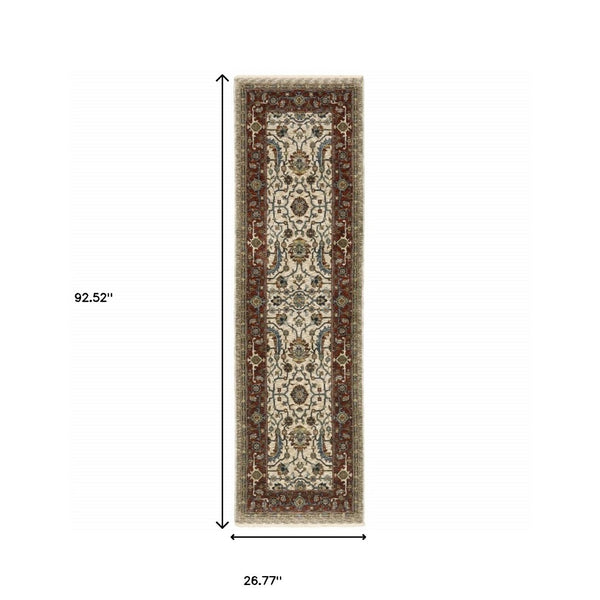 HomeRoots 2' Elegant Ivory Red Green Grey Blue and Navy Oriental Power Loom Runner Rug for Hallways 2'3" x 7'6" 507982