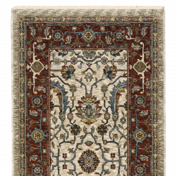 HomeRoots 2' Elegant Ivory Red Green Grey Blue and Navy Oriental Power Loom Runner Rug for Hallways 2'3" x 7'6" 507982