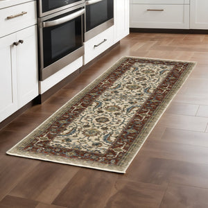 HomeRoots 2' Elegant Ivory Red Green Grey Blue and Navy Oriental Power Loom Runner Rug for Hallways 2'3" x 7'6" 507982