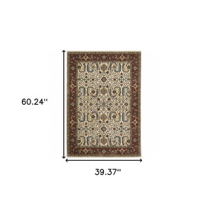 HomeRoots 2' Elegant Ivory Red Green Grey Blue and Navy Oriental Power Loom Runner Rug for Hallways 3' x 5' 507984