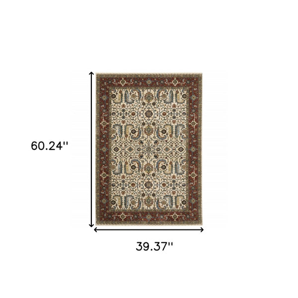 HomeRoots 2' Elegant Ivory Red Green Grey Blue and Navy Oriental Power Loom Runner Rug for Hallways 3' x 5' 507984