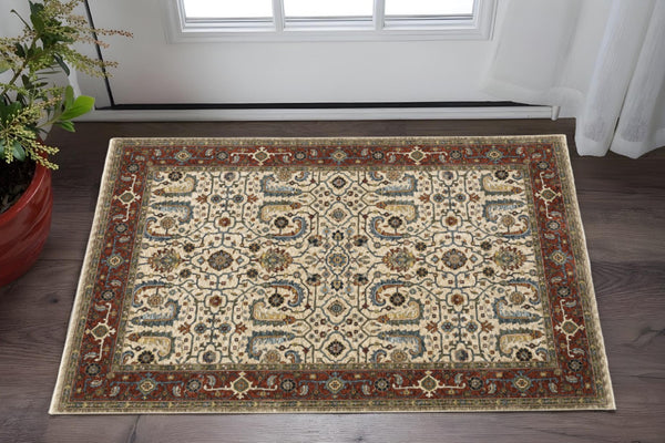 HomeRoots 2' Elegant Ivory Red Green Grey Blue and Navy Oriental Power Loom Runner Rug for Hallways 3' x 5' 507984