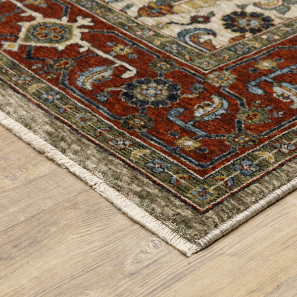 HomeRoots 2' Elegant Ivory Red Green Grey Blue and Navy Oriental Power Loom Runner Rug for Hallways 3' x 5' 507984