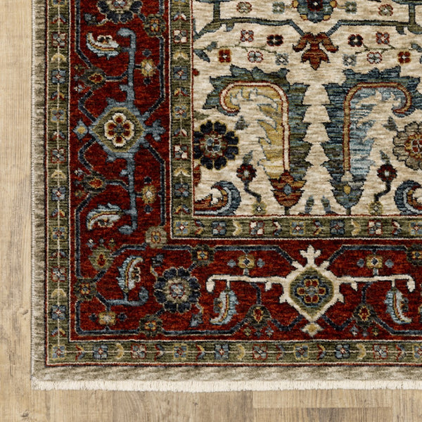 HomeRoots 2' Elegant Ivory Red Green Grey Blue and Navy Oriental Power Loom Runner Rug for Hallways 3' x 5' 507984