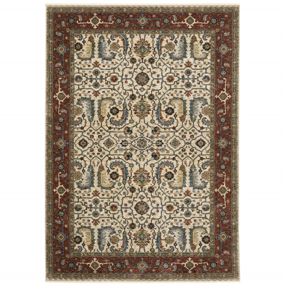 HomeRoots 2' Elegant Ivory Red Green Grey Blue and Navy Oriental Power Loom Runner Rug for Hallways 5' X 8' 507985