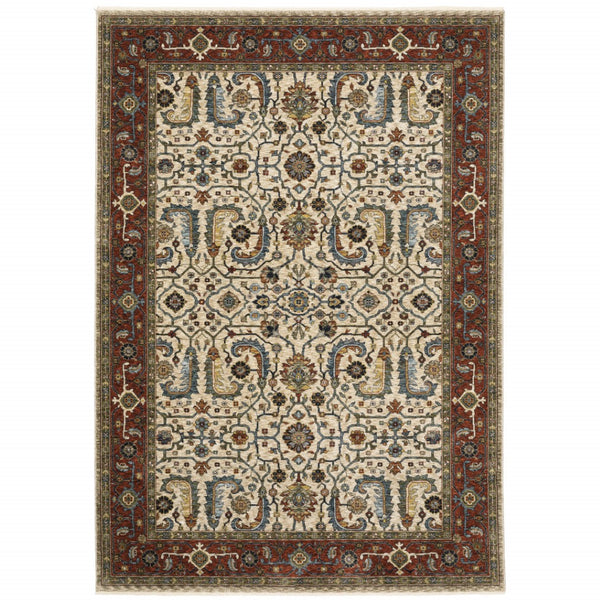 HomeRoots 2' Elegant Ivory Red Green Grey Blue and Navy Oriental Power Loom Runner Rug for Hallways 5' X 8' 507985