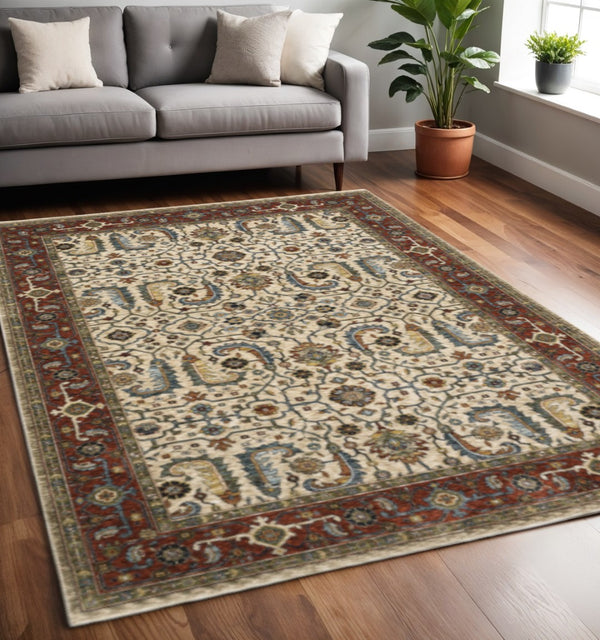 HomeRoots 2' Elegant Ivory Red Green Grey Blue and Navy Oriental Power Loom Runner Rug for Hallways 5' X 8' 507985