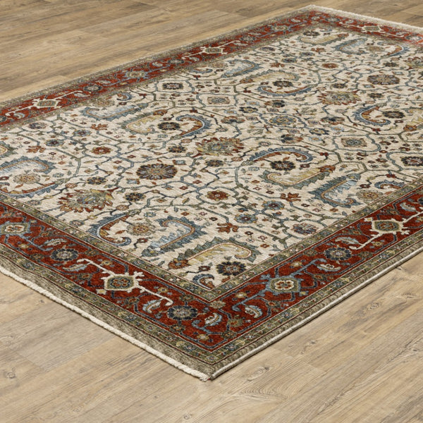 HomeRoots 2' Elegant Ivory Red Green Grey Blue and Navy Oriental Power Loom Runner Rug for Hallways 5' X 8' 507985