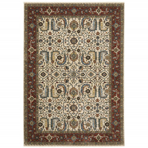 HomeRoots 2' Elegant Ivory Red Green Grey Blue and Navy Oriental Power Loom Runner Rug for Hallways 7' X 10' 507986