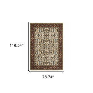 HomeRoots 2' Elegant Ivory Red Green Grey Blue and Navy Oriental Power Loom Runner Rug for Hallways 7' X 10' 507986