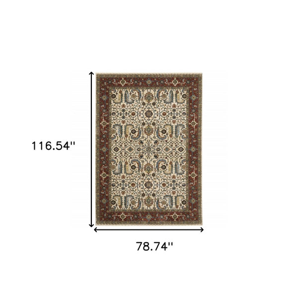 HomeRoots 2' Elegant Ivory Red Green Grey Blue and Navy Oriental Power Loom Runner Rug for Hallways 7' X 10' 507986