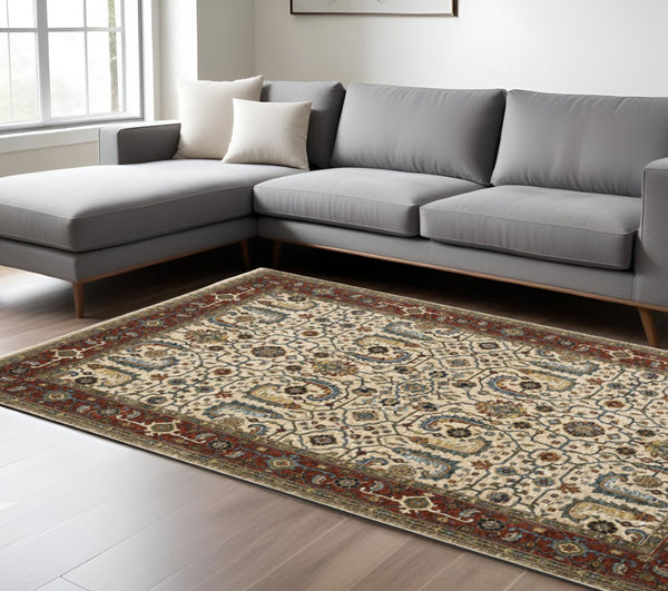 HomeRoots 2' Elegant Ivory Red Green Grey Blue and Navy Oriental Power Loom Runner Rug for Hallways 7' X 10' 507986