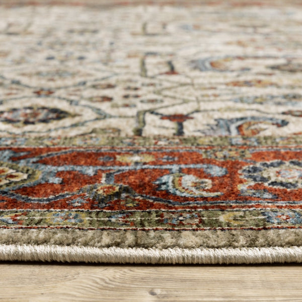 HomeRoots 2' Elegant Ivory Red Green Grey Blue and Navy Oriental Power Loom Runner Rug for Hallways 7' X 10' 507986