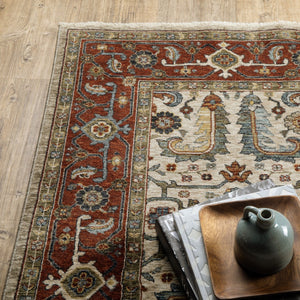 HomeRoots 2' Elegant Ivory Red Green Grey Blue and Navy Oriental Power Loom Runner Rug for Hallways 7' X 10' 507986