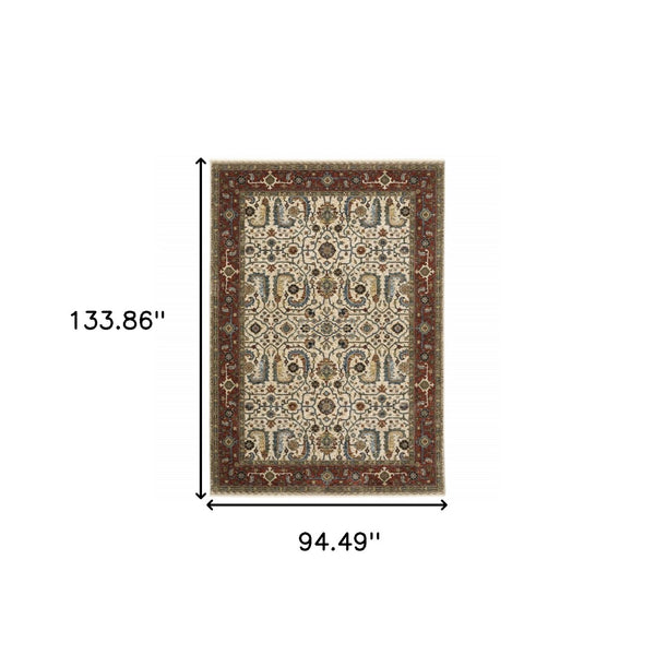 HomeRoots 2' Elegant Ivory Red Green Grey Blue and Navy Oriental Power Loom Runner Rug for Hallways 8' X 11' 507987