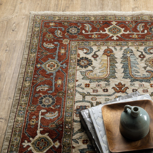 HomeRoots 2' Elegant Ivory Red Green Grey Blue and Navy Oriental Power Loom Runner Rug for Hallways 8' X 11' 507987
