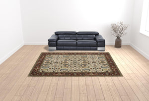 HomeRoots 2' Elegant Ivory Red Green Grey Blue and Navy Oriental Power Loom Runner Rug for Hallways 10' X 13' 507988