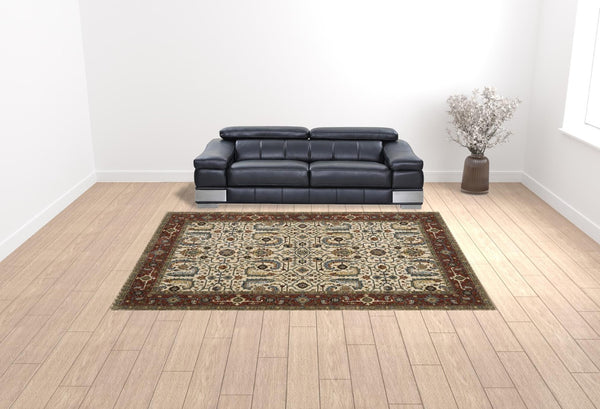 HomeRoots 2' Elegant Ivory Red Green Grey Blue and Navy Oriental Power Loom Runner Rug for Hallways 10' X 13' 507988