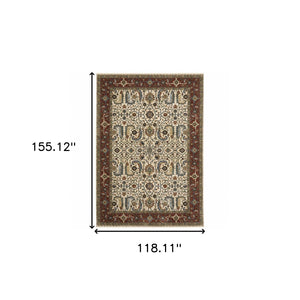 HomeRoots 2' Elegant Ivory Red Green Grey Blue and Navy Oriental Power Loom Runner Rug for Hallways 10' X 13' 507988