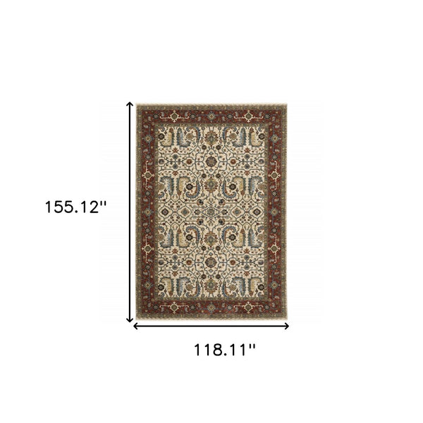 HomeRoots 2' Elegant Ivory Red Green Grey Blue and Navy Oriental Power Loom Runner Rug for Hallways 10' X 13' 507988