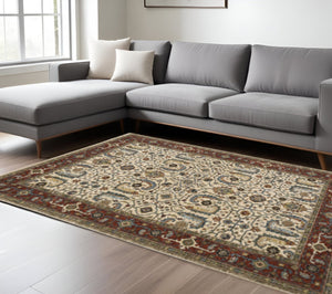 HomeRoots 2' Elegant Ivory Red Green Grey Blue and Navy Oriental Power Loom Runner Rug for Hallways 10' X 13' 507988