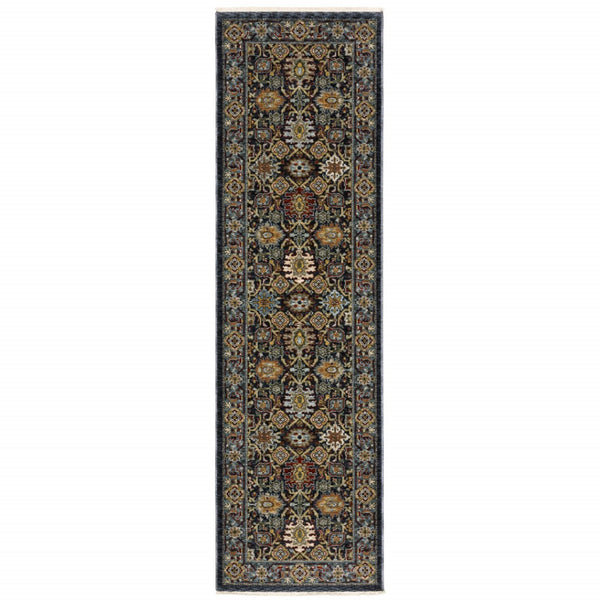 HomeRoots 2' Blue and Beige Oriental Power Loom Runner Rug with Fringe – Durable, Stylish, and Timeless Design 2'3" x 7'6" 507989