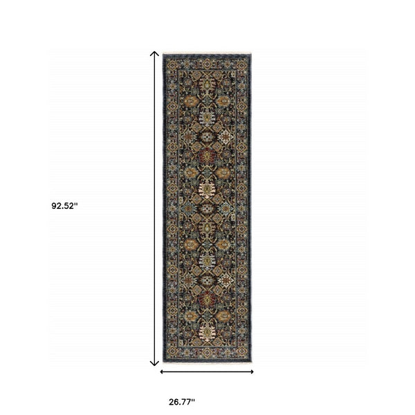 HomeRoots 2' Blue and Beige Oriental Power Loom Runner Rug with Fringe – Durable, Stylish, and Timeless Design 2'3" x 7'6" 507989