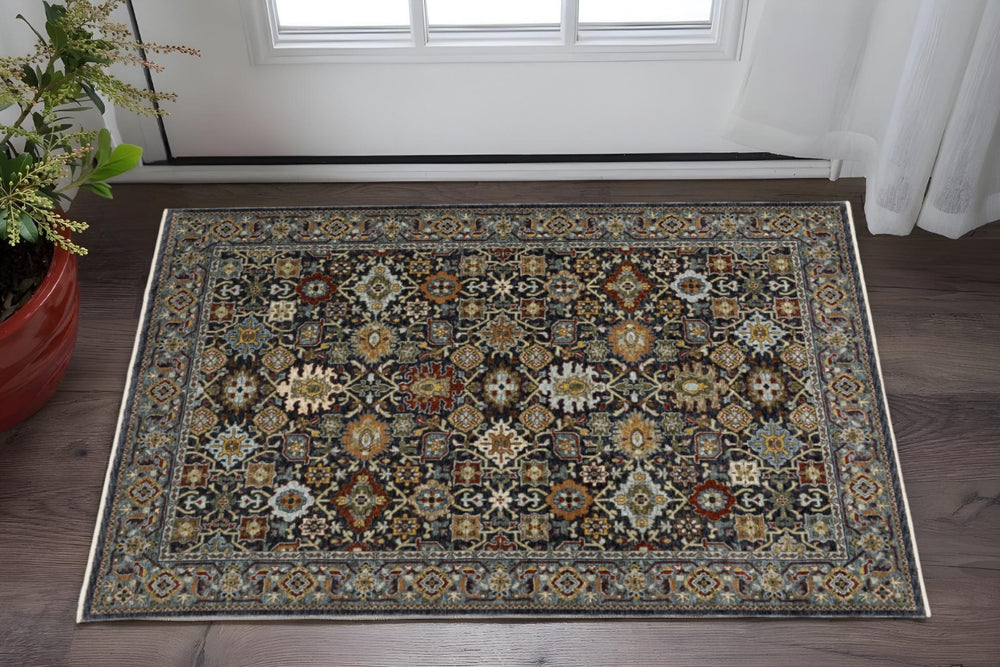 HomeRoots 2' Blue and Beige Oriental Power Loom Runner Rug with Fringe – Durable, Stylish, and Timeless Design 3' x 5' 507991