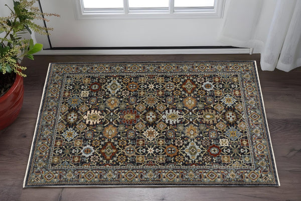 HomeRoots 2' Blue and Beige Oriental Power Loom Runner Rug with Fringe – Durable, Stylish, and Timeless Design 3' x 5' 507991